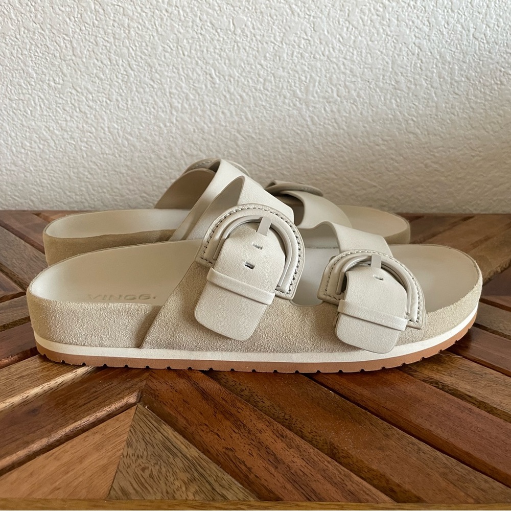 Vince. By Vince Camuto Glynn Leather and Suede Sandal Biscotti Size 7.5